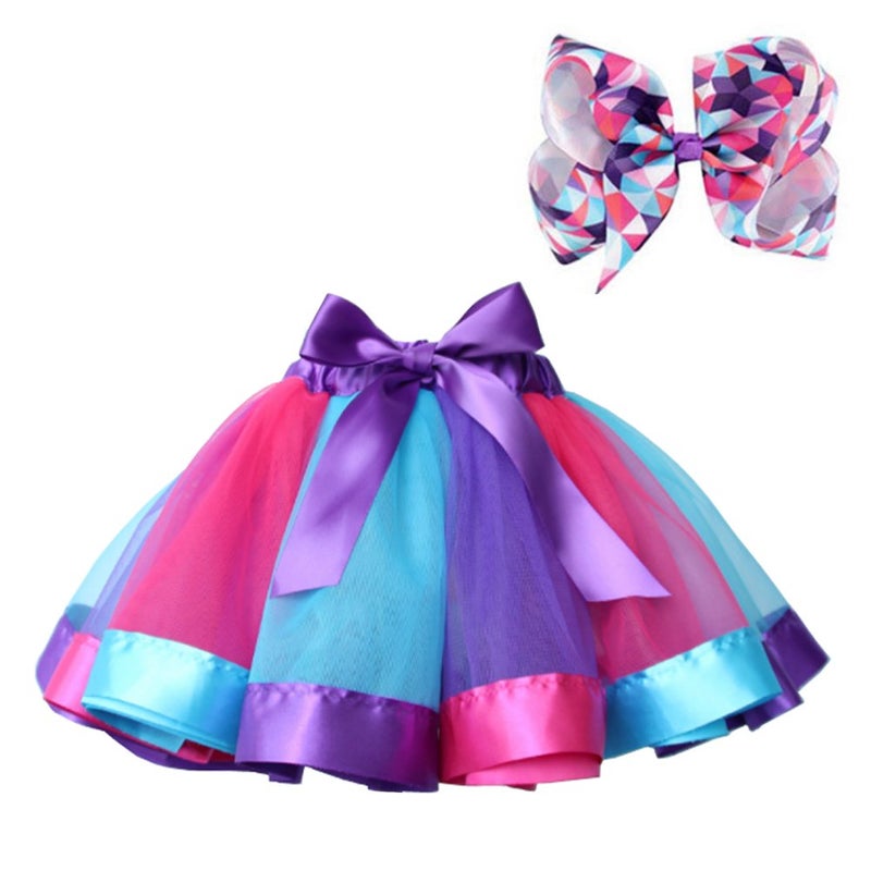 BGFKS Layered Ballet Tulle Rainbow Tutu Skirt for Little Girls Dress Up with Colorful Hair Bows (Deep Purple,4-8X) - Image 1